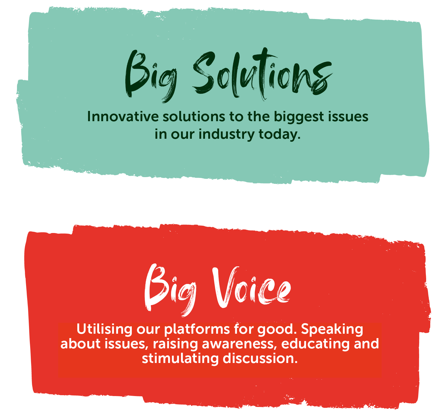 "Big Solutions - Innovative solutions to the biggest issues in our industry today" and "Big Voice - Utilising our platforms for good. Speaking about issues, raising awareness, educating and stimulating discussion."
