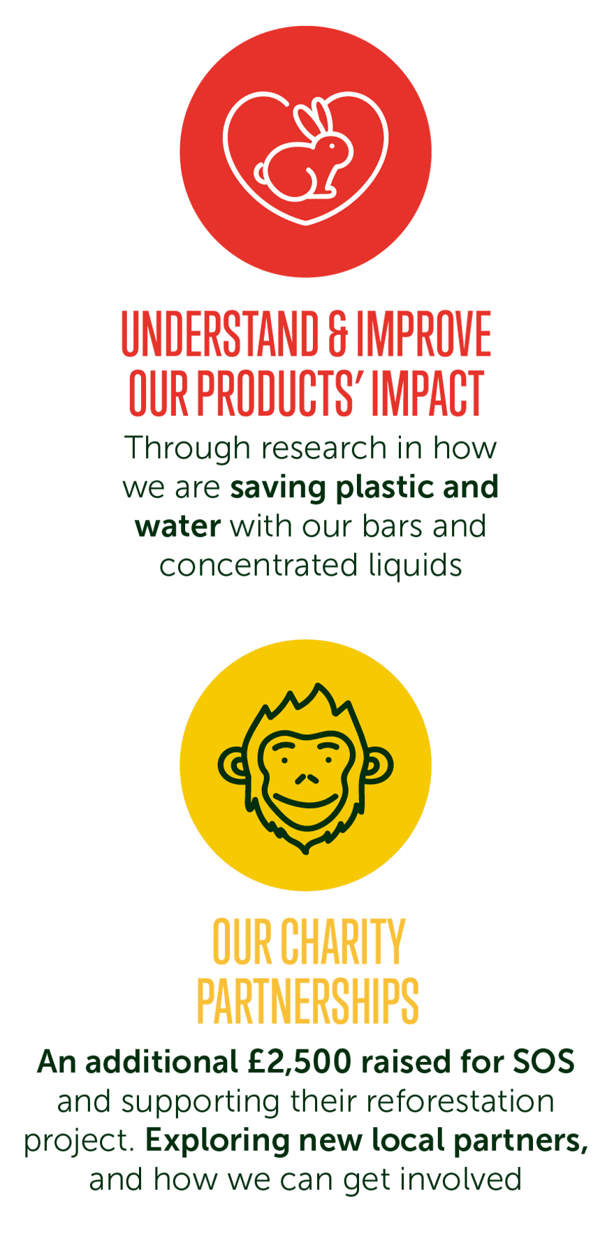 Icon with title of "Understand & improve our products' impact" with sub-points including "Through research in how we are saving plastic and water with our bars and concentrated liquids" and another icon with title "Our Charity Partnerships" with sub-points including "An additional £2,500 raised for SOS and supporting their reforestation project. Exploring new local partners and how we can get involved."."